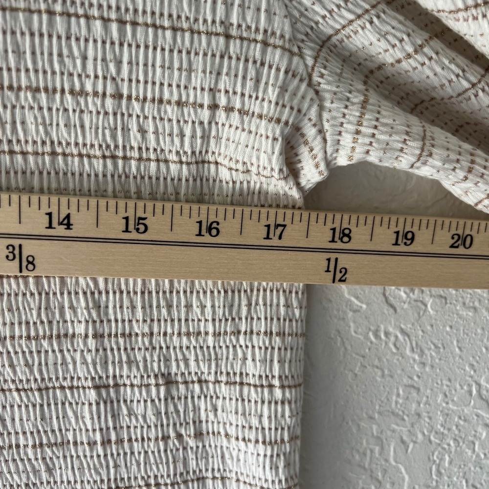 LOFT Smocked Metallic Striped Square Neck Puff Sleeve Top White Brown Gold L New - Picture 6 of 7